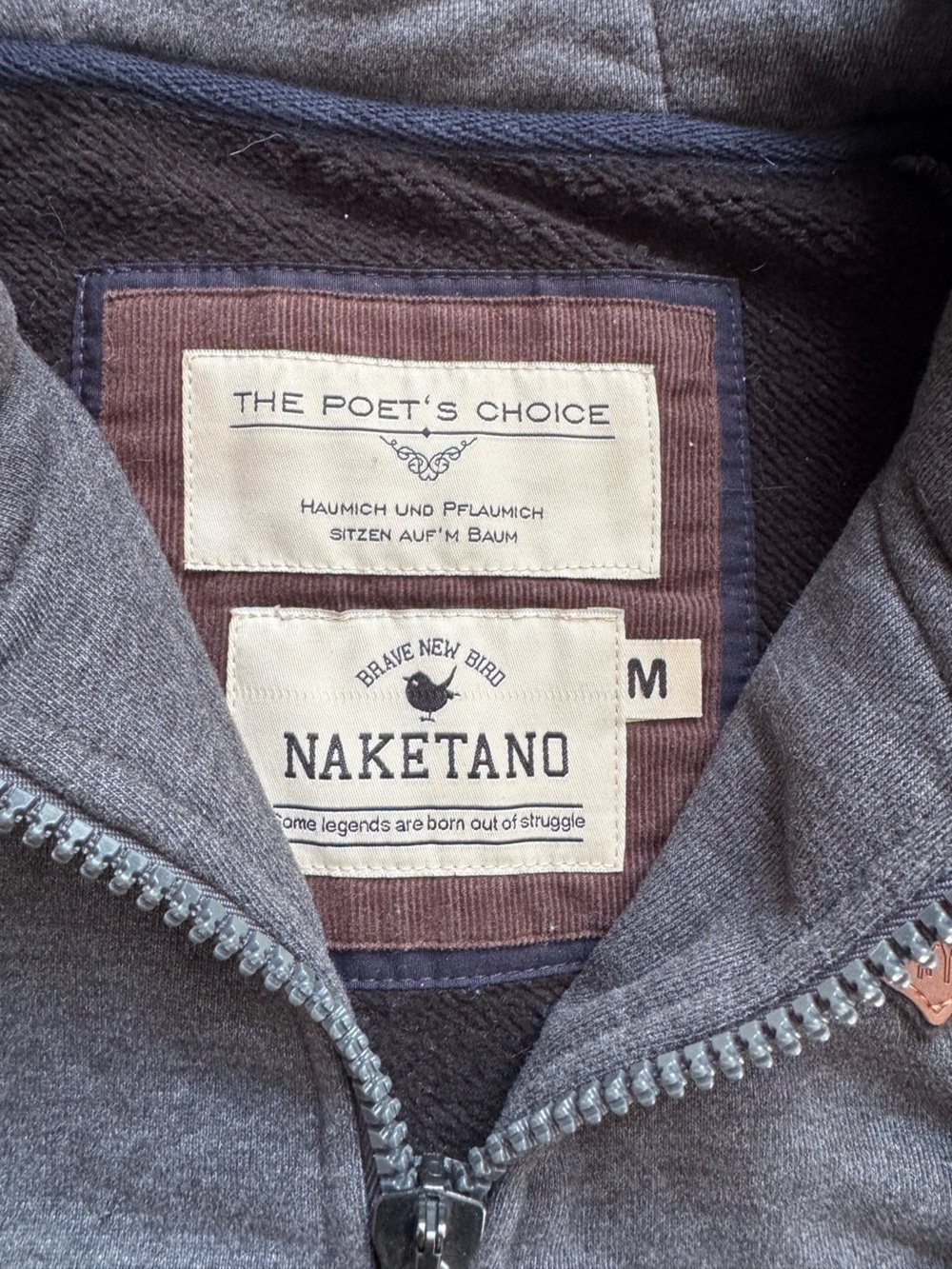 Naketano Dark Charcoal Gray Zip-Up Hoodie Brave New Bird Contrast Drawstring Med - Picture 3 of 8
